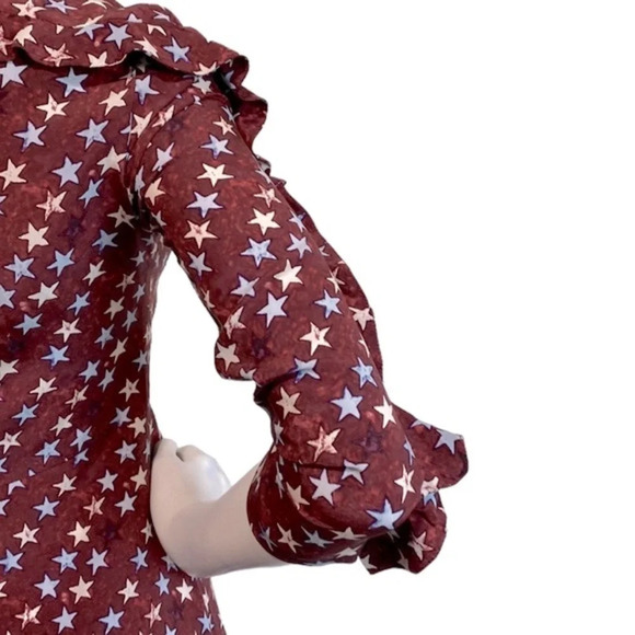 Sandro Burgundy Star Print 100% Silk Round Neck Ruffle Mini Dress Size 1=S US - Picture 7 of 13